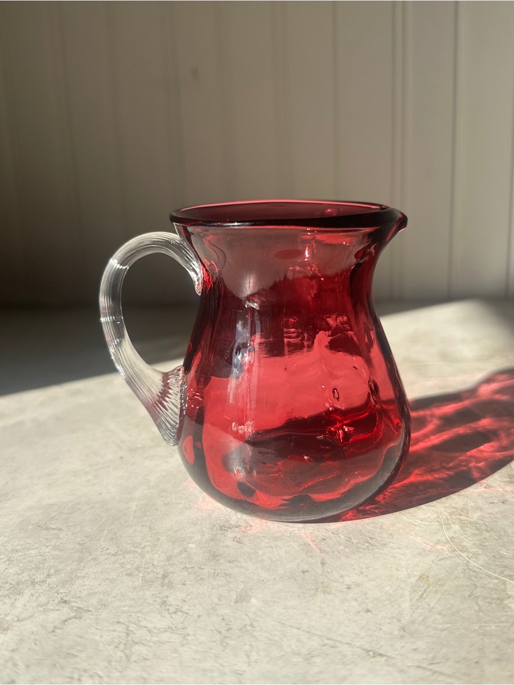 Vintage Pilgrim Glass Pink Cranberry Optic Pitcher Clear Twisted Handle 4” x 3”